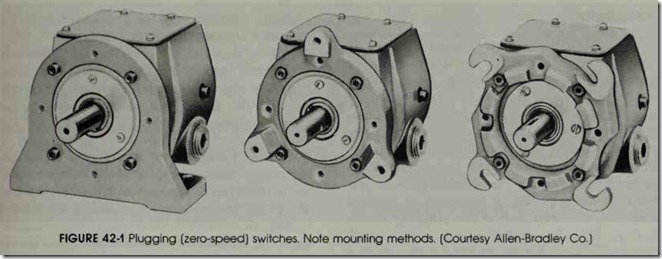 FIGURE 42-1 Plugging (zero-speed)  switches. Note mounting methods. (Courtesy Allen-Bradley  Co.)