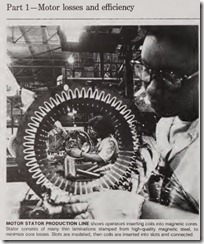 MOTOR STATOR PRODUCTION LINE shows operat ors inserting coils into magnetic cores, Stator consists of many thin laminations stamped from high-qualit y magnetic