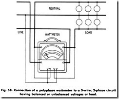 Fig. 58. Connection of a polyphase wattmeter to a 3-wire, 2-phase circuit_thumb