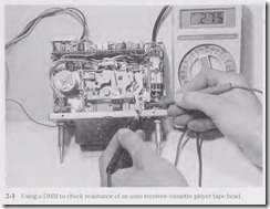 Using a DMM to check resistance of an auto receiver-cassette player tape head.