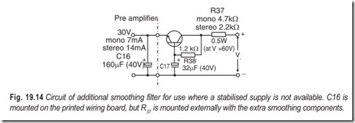 Fig. 19.14 Circuit of additional smoothing filter for use where a stabilised supply is not available. C16 is  mounted on the printed wiring board, but