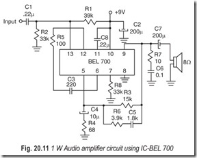 Fig. 20.11 1 W Audio amplifier circuit using IC-BEL 700
