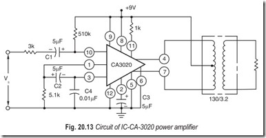 Fig. 20.13 Circuit of IC-CA-3020 power amplifier