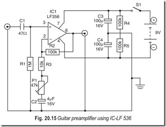 Fig. 20.15 Guitar preamplifier using IC-LF 536