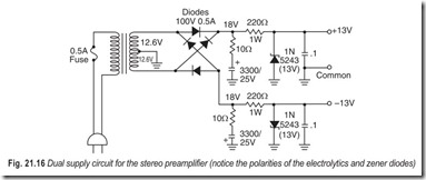 Fig. 21.16 Dual supply circuit for the stereo preamplifier (notice the polarities of the electrolytics and zener diodes)