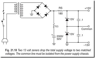 Fig. 21.18 Two 13 volt zeners drop the total supply voltage to two matched  voltages. The common line must be isolated from the power supply chassis.