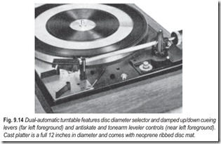 Fig. 9.14 Dual-automatic turntable features disc diameter selector and damped up down cueing  levers