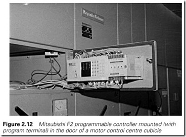 Figure 2.12 Mitsubishi F2 programmable controller mounted (with  program terminal) in the door of a motor control centre cubicle