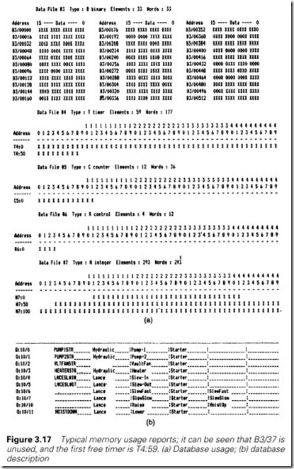 Figure 3.17 Typical memory usage reports; it can be seen that B3 37 is   unused, and the first free timer is T4 59. (a) Database usage; (b) database