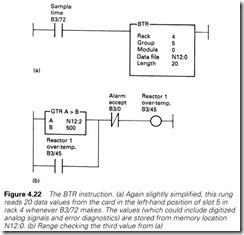 Figure 4.22 The BTR instruction. (a) Again slightly simplified, this rung   reads 20 data values from the card in the left-hand position of slot 5 in