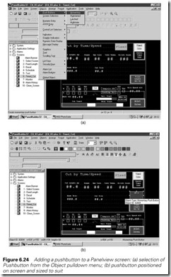 Figure 6.24 Adding a pushbutton to a Panelview screen  (a) selection of   Pushbutton from the Object pulldown menu; (b) pushbutton positioned   on scr