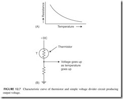 FIGURE  12.7           Characteristic curve of thermistor and simple voltage divider circuit producing