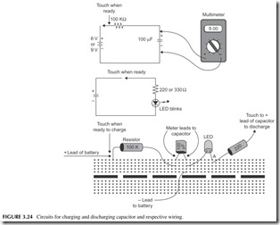 FIGURE 3.24           Circuits for charging and discharging capacitor and respective wiring.