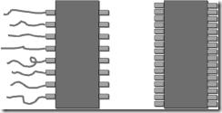 Figure 6.4. Eight-bit processors generally have only eight wires connected to the chip to bring it data. A 16-bit processor, right, has tw